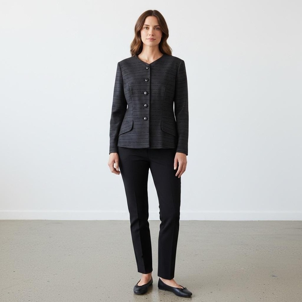 Vintage Minimalist Flocked Blazer 12 Black Collarless Velvet Buttons Office Goth
